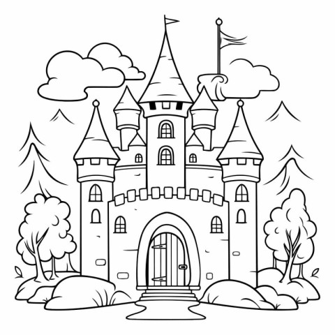 Fairytale castle. Black and white vector illustration for colori