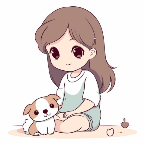 Cute little girl playing with her dog. Vector cartoon illustrati