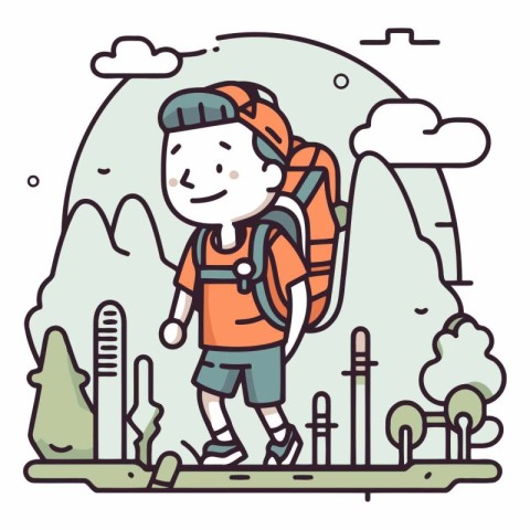 Vector illustration of a boy with a backpack hiking in the fores