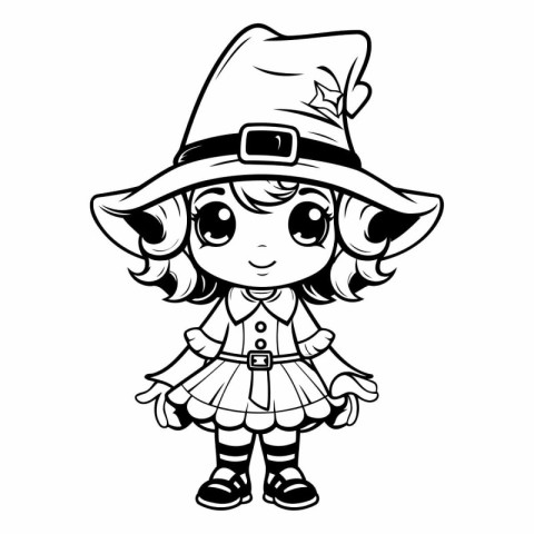 Black and White Cartoon Illustration of Cute Little Witch Girl C