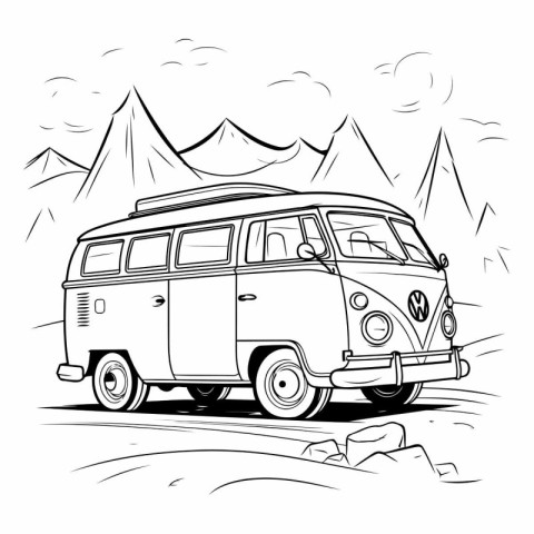 Vintage camper van on the road in mountains