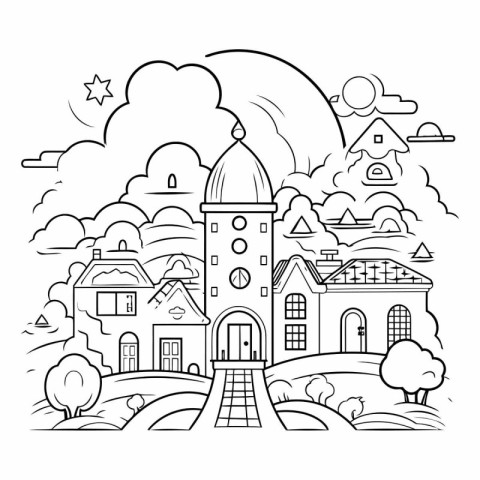 City landscape with cute houses and trees. Black and white vecto