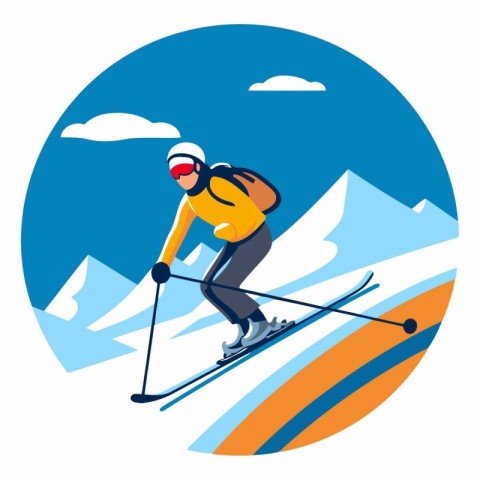 Skier skiing downhill in the mountains. Flat style vector illust