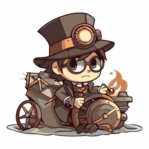 Cute cartoon boy in a steampunk costume.