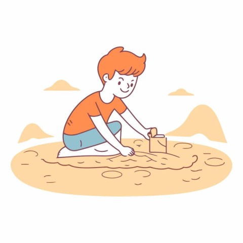 Boy playing with sand in the desert in cartoon style