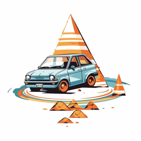 Car on the road with traffic cones in cartoon style.