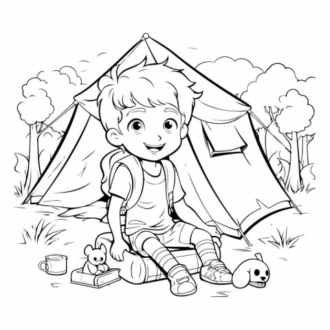 Coloring Page Outline Of a Cute Little Boy Camping