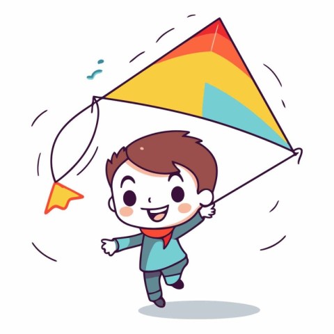 Cute little boy flying a kite. Vector cartoon character illustra