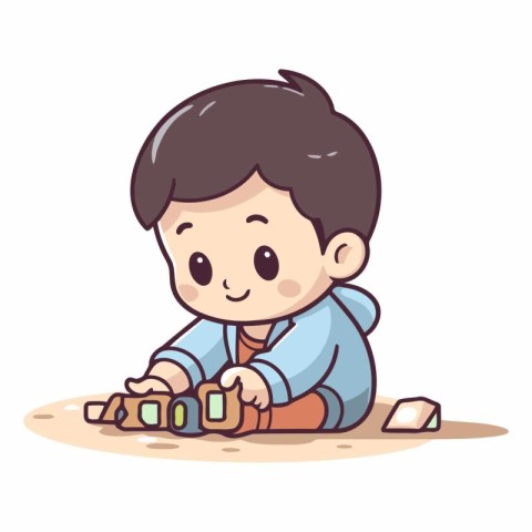 Illustration of a Cute Little Boy Playing with Cubes.