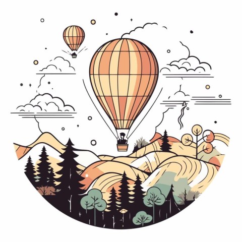 Hot air balloon flying in the sky over the forest.