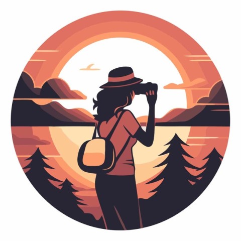 Tourist woman with backpack and binoculars in the mountains