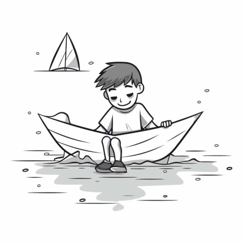 Boy with a paper boat on the sea. Vector hand drawn illustration