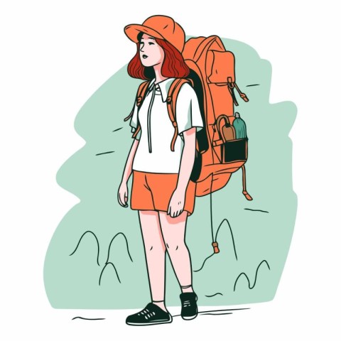 Tourist girl with a backpack in sketch style.