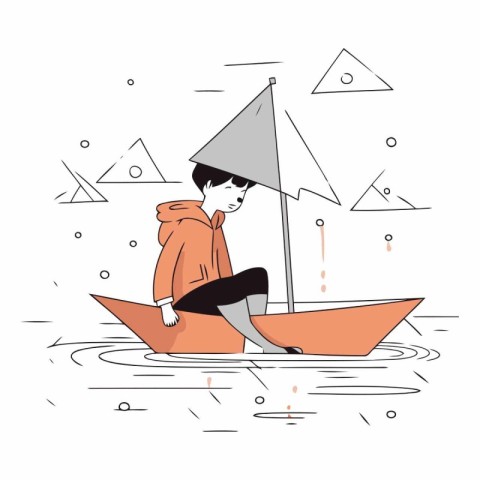 Vector illustration of a boy in a boat on the seashore