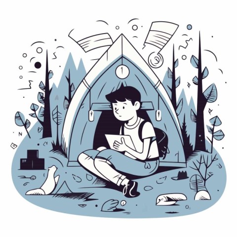 Vector illustration of a boy reading a book in a tent in the for