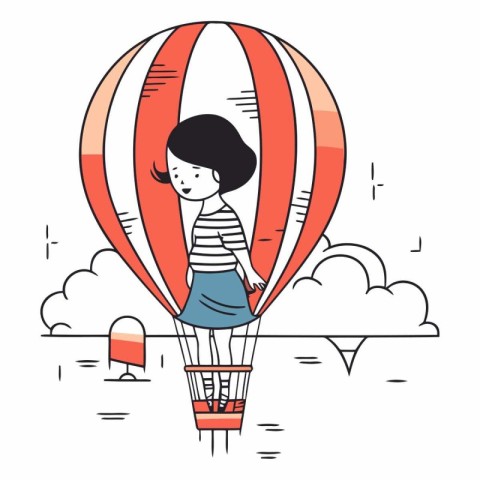 Cute little girl flying on hot air balloon.