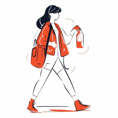 Vector illustration of a girl with a backpack and a bottle of wa