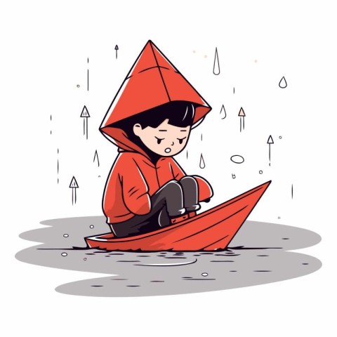 Vector illustration of a boy in a red raincoat on a boat