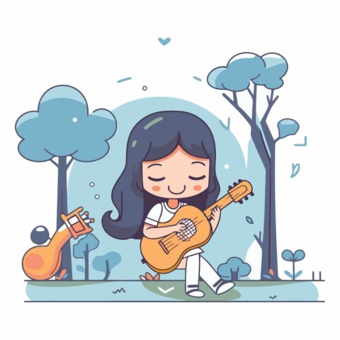 Cute little girl playing guitar in the park.