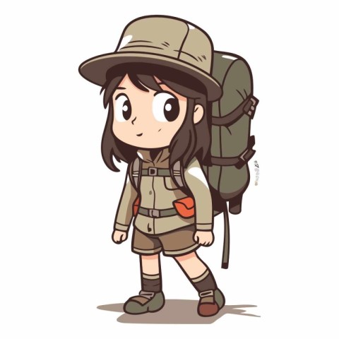 Backpacker girl in safari outfit. Cartoon vector illustration.