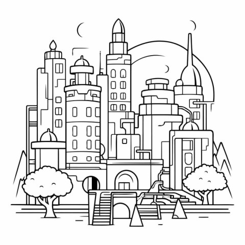 City landscape with skyscrapers and trees in line art style