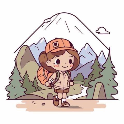 Cute little boy scout with backpack in the mountains.