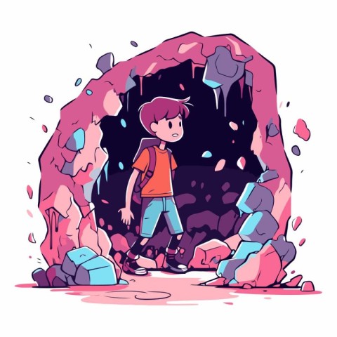 Cute little boy in a cave in cartoon style.