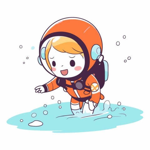 Cute little boy in spacesuit and helmet playing with water.