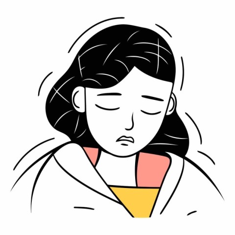 Sad woman with dark hair in doodle style