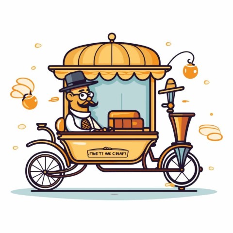 Vector illustration of a cartoon chariot with a man in a hat and