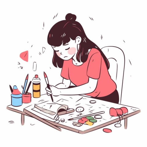 Illustration of a girl painting with watercolors on the table