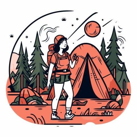 Camping and hiking of a young woman standing near the campfire.