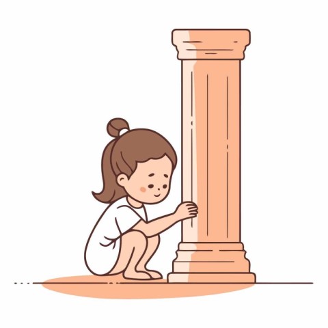 Little girl sitting on the floor and looking at the column.