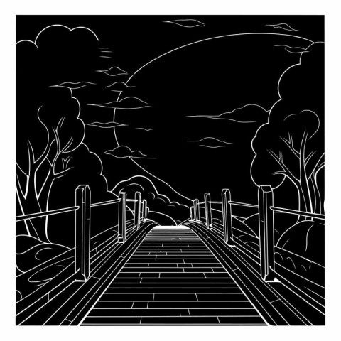 Wooden bridge in the forest. Black and white vector illustration