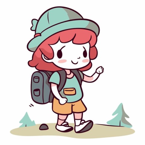 Cute Cartoon Girl Hiking with Backpack