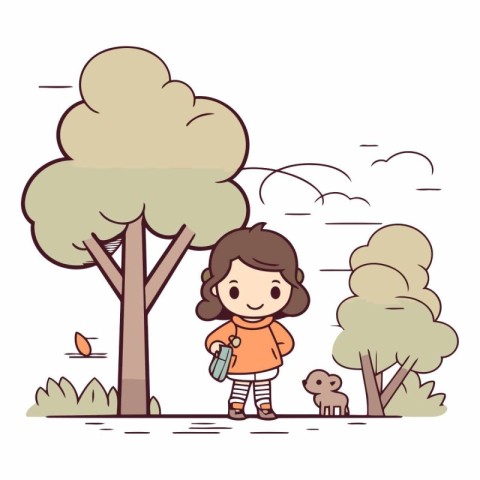 Cute little girl walking in the park. Vector cartoon illustratio