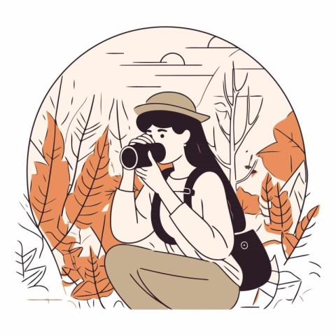 Vector illustration of a young woman with a camera sitting in th