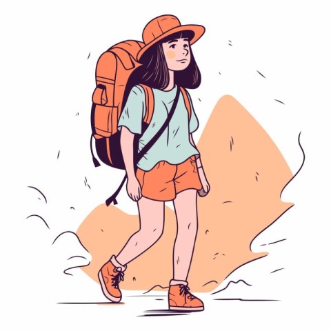 Tourist girl with a backpack in cartoon style.