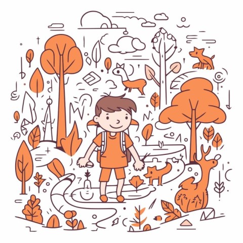 Cute little boy in autumn park. Vector line art illustration.