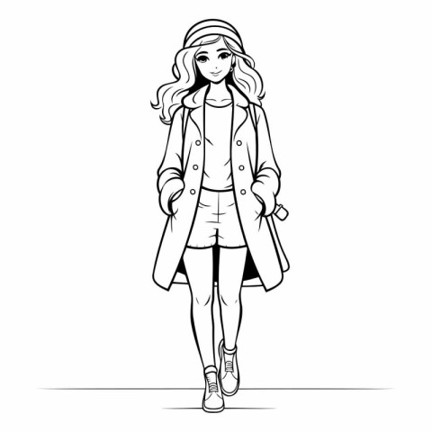 Fashion girl in coat and hat. Sketch.