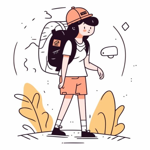 Tourist girl with backpack in thin line style.