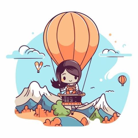 Cute little girl flying on hot air balloon in the mountains