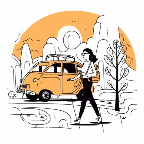 Vector illustration of a woman walking with a car in the city.