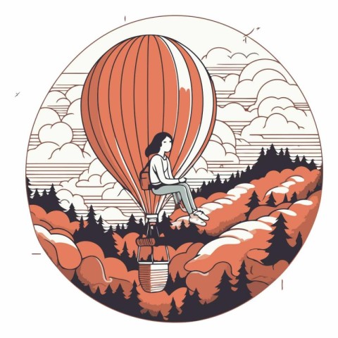 Vector illustration of a woman in a hot air balloon on the backg