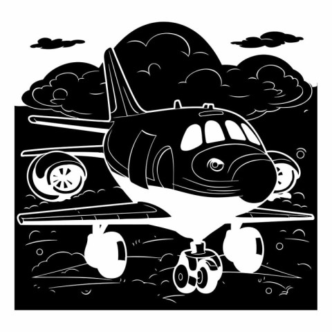 Airplane in the clouds. Black and white illustration for colorin