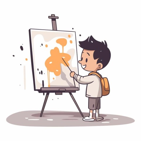 Boy painting on easel with brush in cartoon style