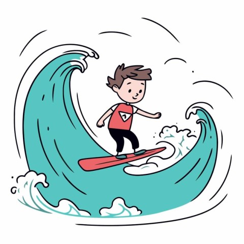 Cartoon boy surfing on a wave in doodle style.