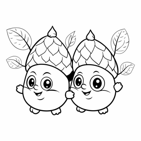 Two funny acorns with leaves. black and white vector illustratio