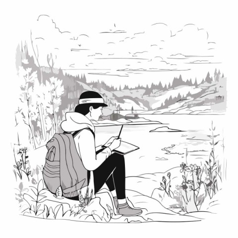 Traveler with a backpack sitting on a rock and looking at the ma