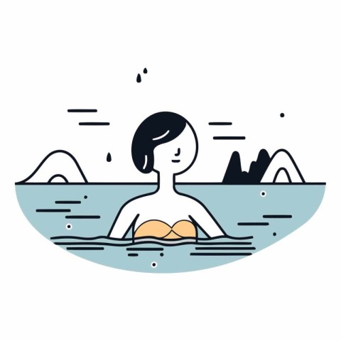 Vector illustration of a woman swimming in the sea. Flat line ar